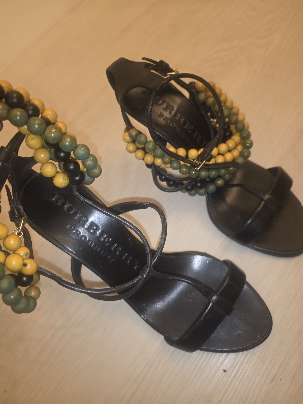 Burberry Womenโs Black Beaded Ankle-Strap Sandals